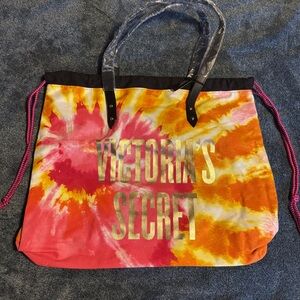 NWT Victoria's Secret Large Tie-Dye Pink Orange Yellow Beach Drawstring Tote Bag